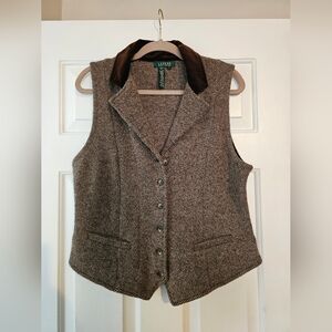 Lauren Ralph Lauren brown tweed herringbone wool vest with a velvet collar